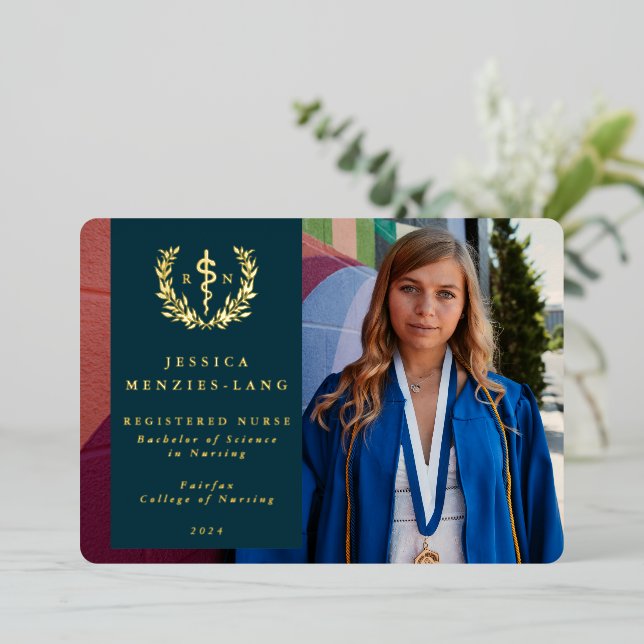 Teal RN Asclepius Graduation Photo Announcement (Standing Front)