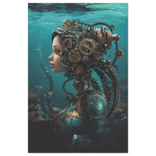 Teal Robotic Steampunk Girl Water World Decoupage Tissue Paper