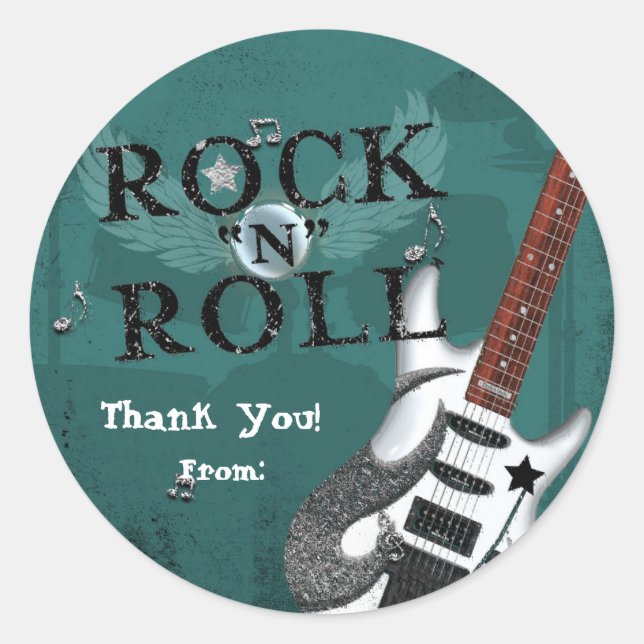 Teal Rock N Roll Star Birthday Party Event Favor Classic Round Sticker (Front)