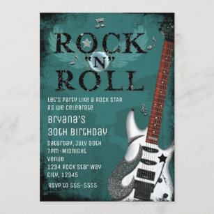 Teal Rock N Roll Star Birthday Party Invitations
