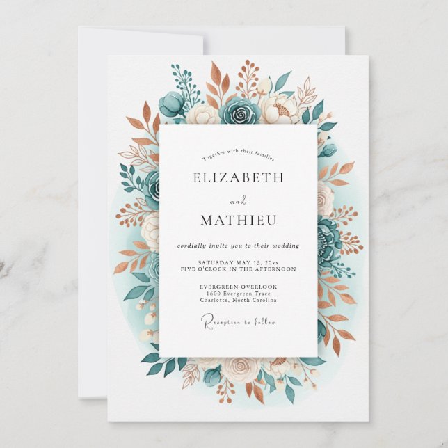 Teal Romantic Floral Flourish Wedding Invitation (Front)