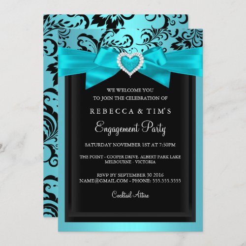 Teal Romantic Heart Engagement Party Invitation
