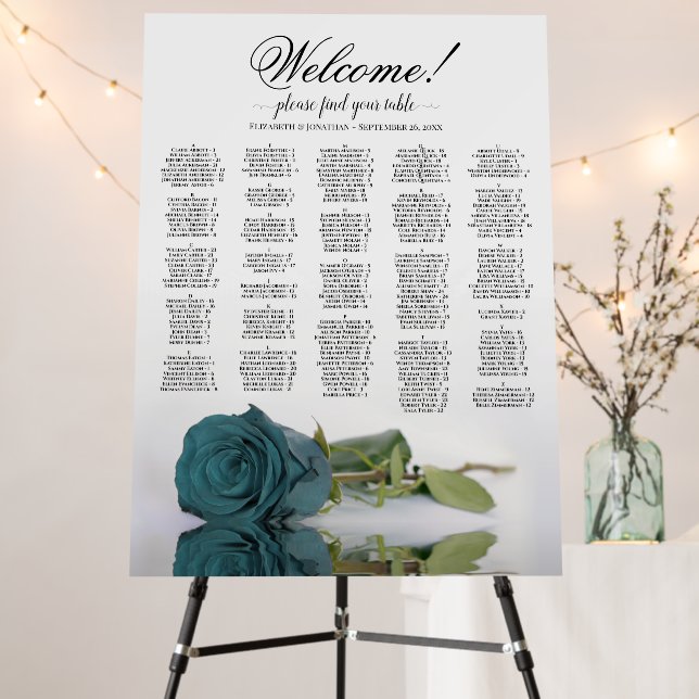 Teal Rose Alphabetical Seating Chart Welcome Foam Board (In Situ (Stand))