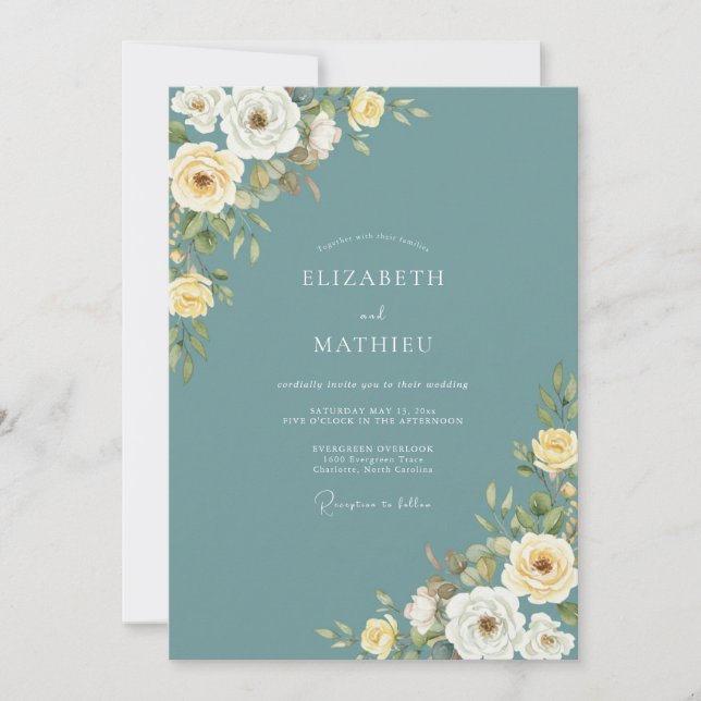 Teal Rose Blossom Flourish Wedding Invitation (Front)