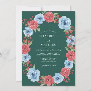 Teal Rose Blossom Romance Wedding Invitation