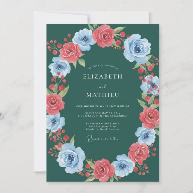 Teal Rose Blossom Romance Wedding Invitation (Front)