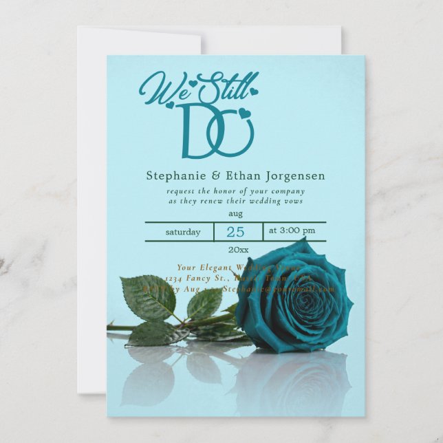 Teal Rose Blue Wedding Invitation Vow Renewal (Front)