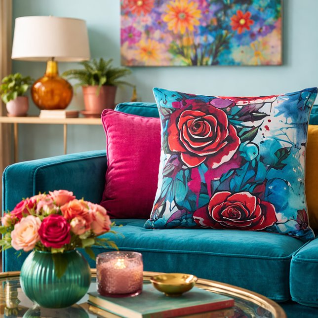 Teal Rose Bold Floral Accent Throw Pillow (Creator Uploaded)