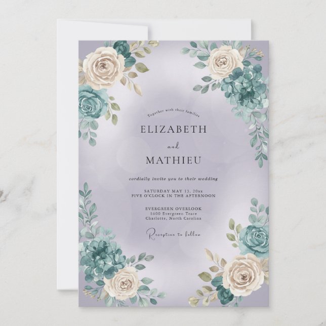 Teal Rose Botanical Wedding Invitation (Front)
