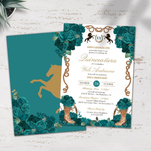 Teal Rose Country Western Charro Quinceanera Invitation