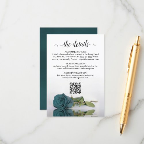 Teal Rose Elegant Wedding Details QR Code Enclosure Card