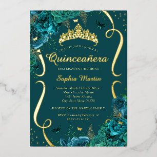 Teal Rose Floral Butterfly Tiara Quinceanera Foil Invitation