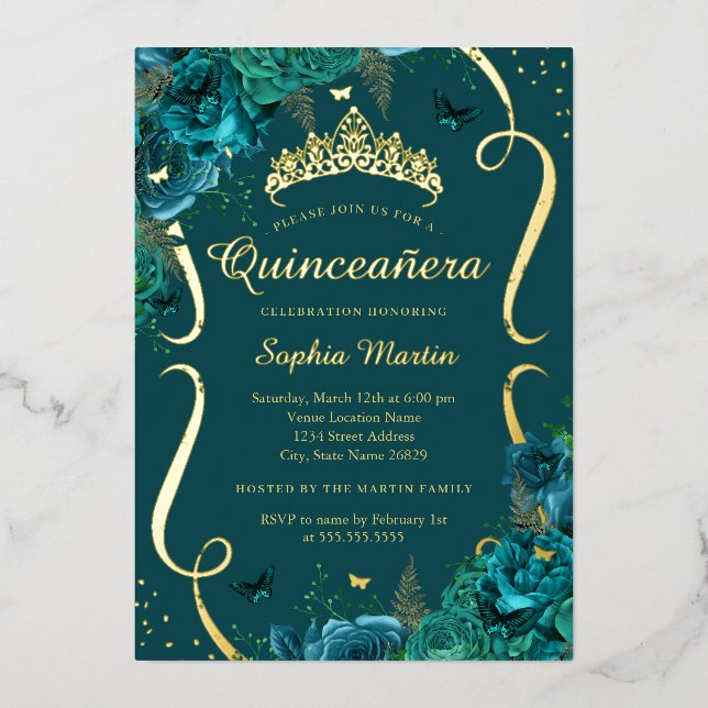 Teal Rose Floral Butterfly Tiara Quinceanera Foil Invitation (Front)
