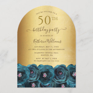 Teal Rose Floral Gold 50th Birthday Party Invitation