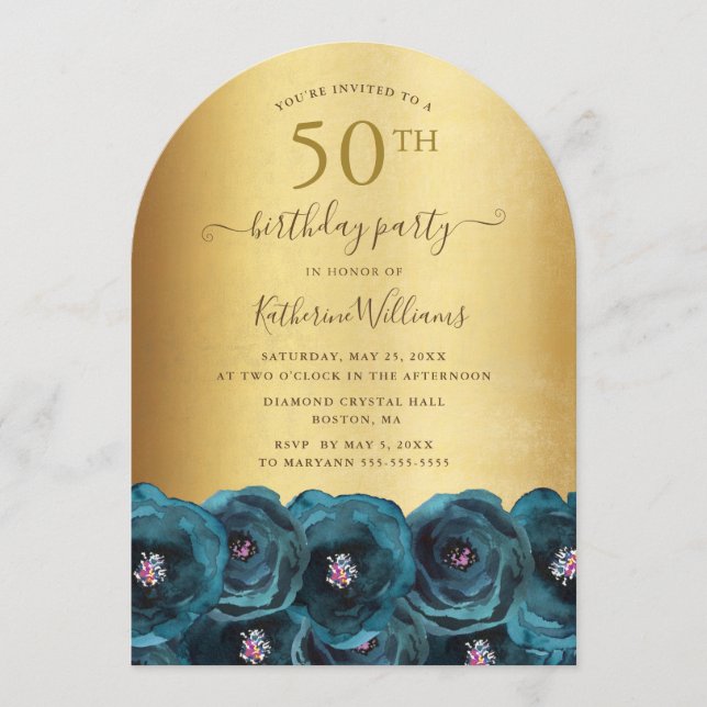 Teal Rose Floral Gold 50th Birthday Party Invitation (Front)