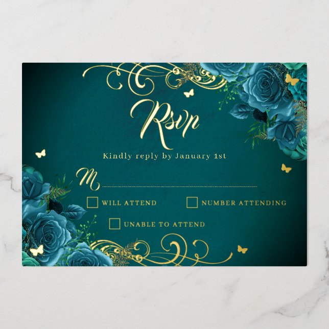 Teal Rose Floral Gold Swirl Gold Quinceanera  Foil Invitation (Front)