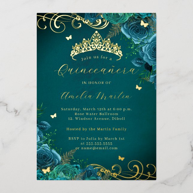 Teal Rose Floral Gold Swirl Quinceanera   Foil Invitation (Front)