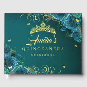 Teal Rose Floral Swirl Quinceanera Gold   Foil Guest Book
