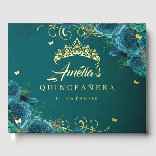Teal Rose Floral Swirl Quinceanera Gold   Foil Guest Book (Front)