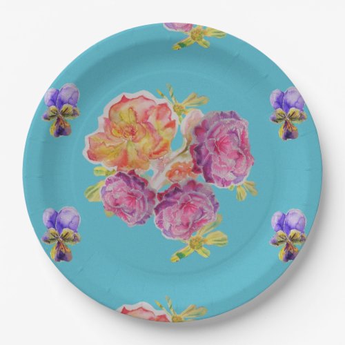 Teal Rose Flower Pattern Paper Party Plate