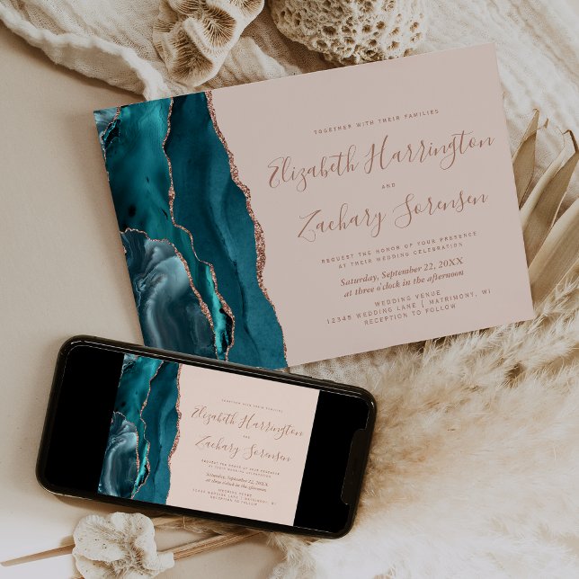 Teal Rose Gold Agate Blush Horizontal Wedding Invitation (Creator Uploaded)