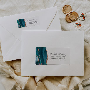 Teal Rose Gold Agate Wedding Return Address Label