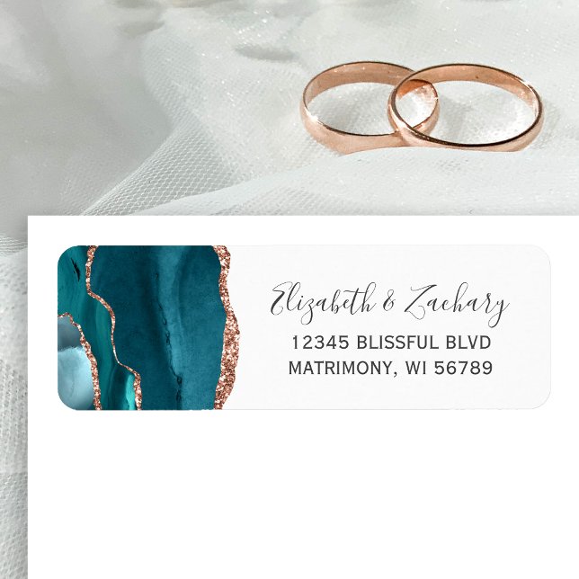 Teal Rose Gold Agate Wedding Return Address Label (Creator Uploaded)