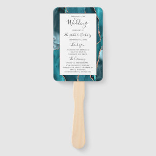 Teal Rose Gold Agate White Wedding Program Hand Fan