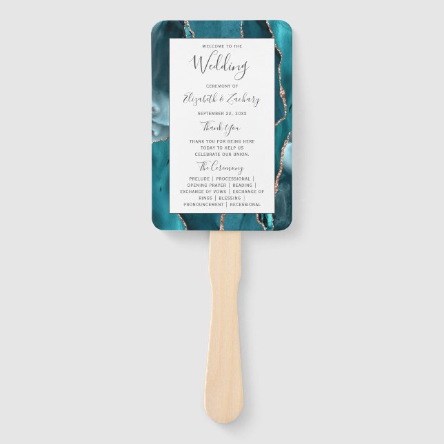 Teal Rose Gold Agate White Wedding Program Hand Fan (Front)