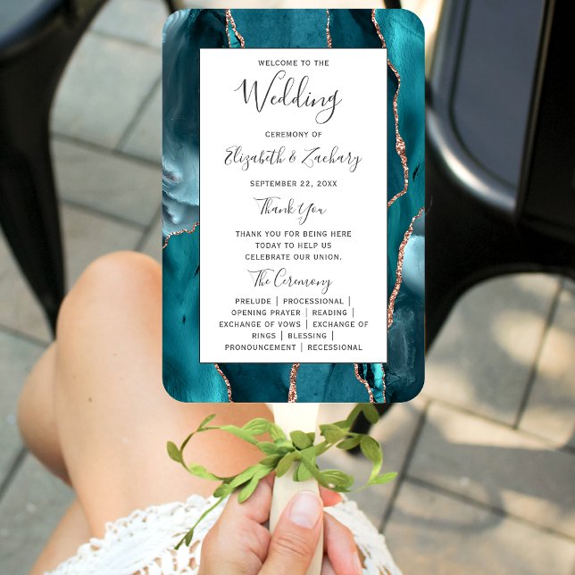 Teal Rose Gold Agate White Wedding Program Hand Fan (Creator Uploaded)