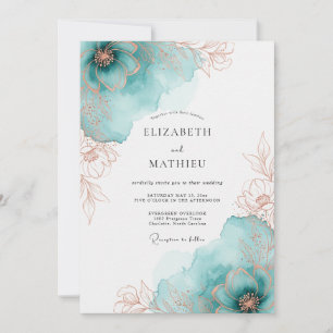 Teal Rose Gold Artistic Spring Wedding Invitation