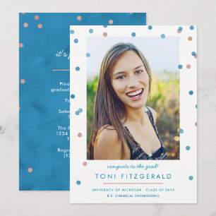 Teal & Rose Gold Confetti Photo Graduation Invitation