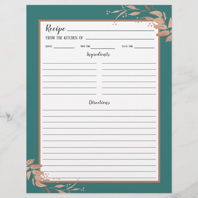 Teal Rose Gold Foliage Recipe Binder Page (Front)