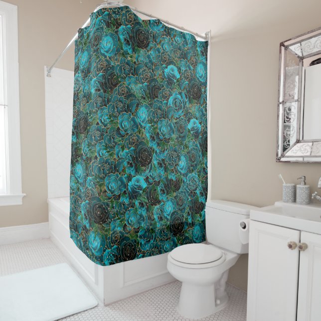 Teal Rose Gold Glitter Glam Floral Pattern Shower Curtain (In Situ)