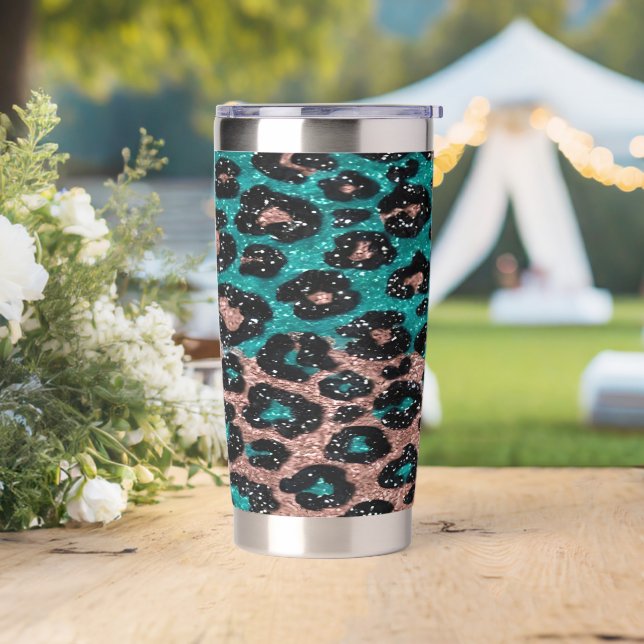 Teal Rose Gold Leopard Glitter  Insulated Tumbler (Wedding)