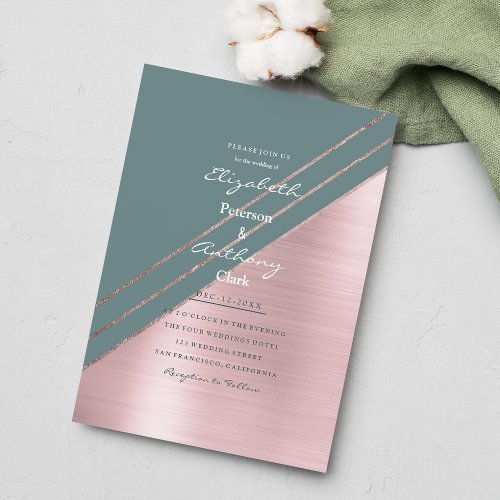 Teal rose gold metallic pink geometrical Wedding Invitation