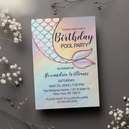  Teal Rose Gold Pink Mermaid Tail Pool Birthday Invitation Postcard