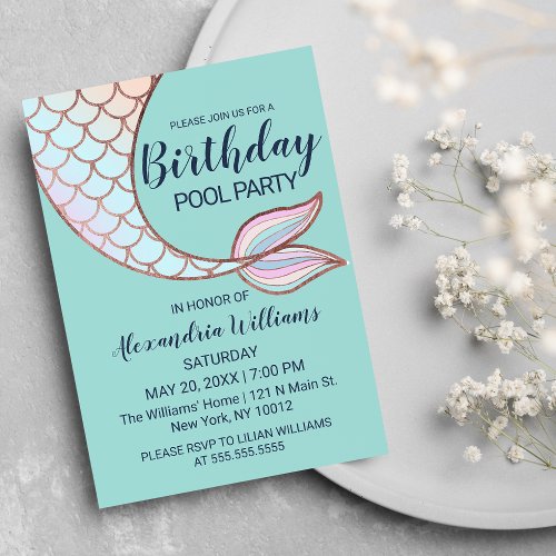  Teal Rose Gold Pink Mermaid Tail Pool Birthday Invitation Postcard
