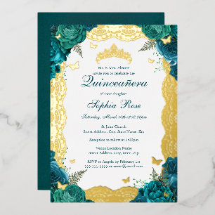 Teal Rose Lace Quinceanera Birthday  Foil Invitation