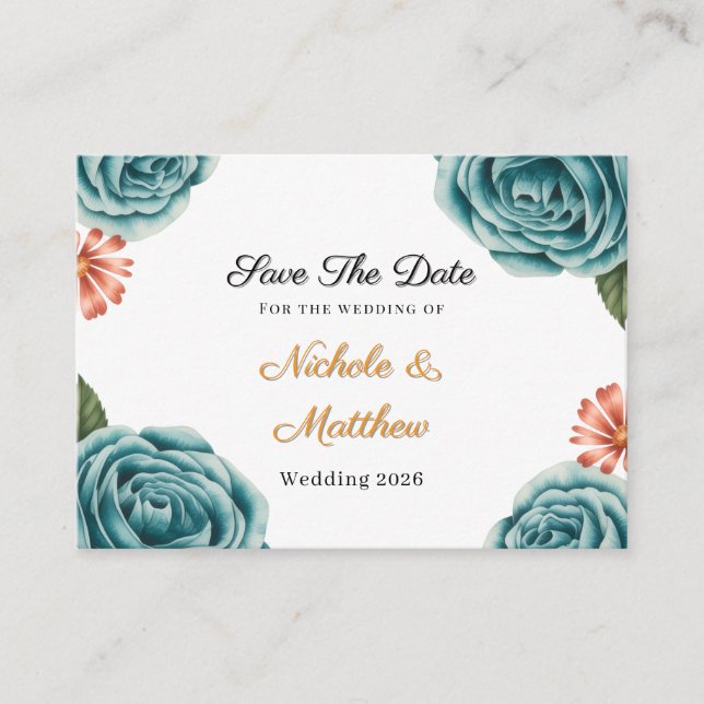 Teal Rose & Orange Daisy  Wedding Save The Date Enclosure Card (Front)