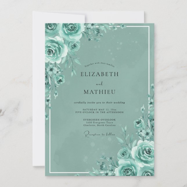 Teal Rose Painted Wedding Invitation (Front)