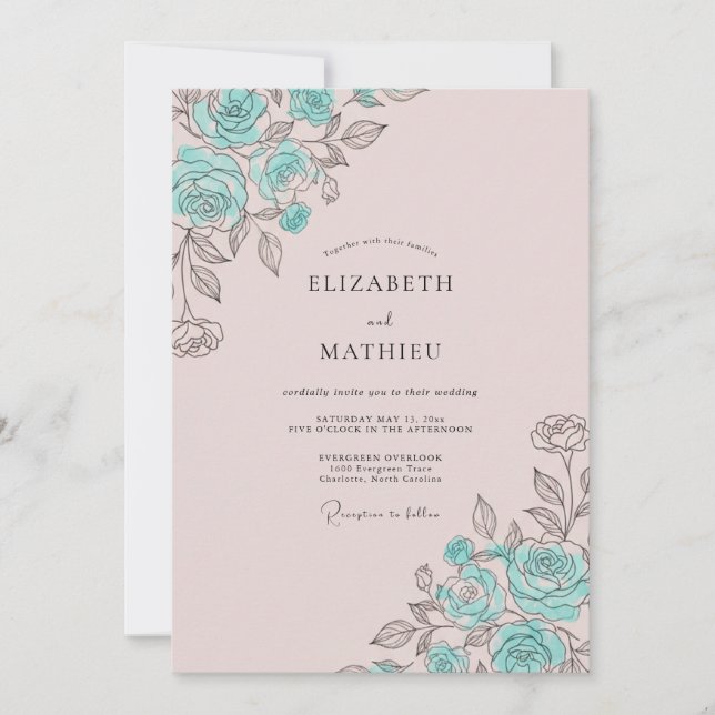 Teal Rose Painterly Flourish Wedding Invitation (Front)