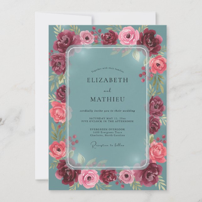 Teal Rose Romance Wedding Invitation (Front)