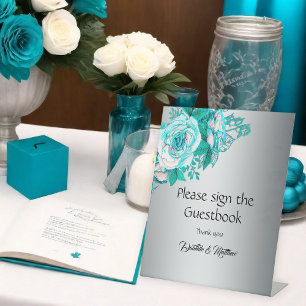 Teal Rose Silver Elegance Wedding  Pedestal Sign