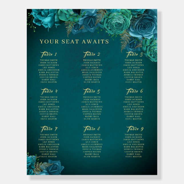 Teal Rose Swirl Gold Seating Chart  Foam Board (Front)