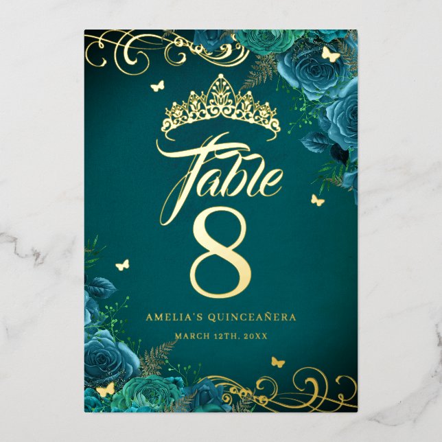Teal Rose Swirl Quinceanera Gold Table Number  (Front)