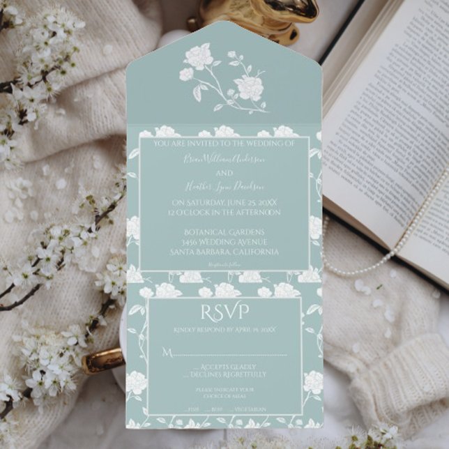 Teal Rose Wedding All In One Invitation (Teal Rose All in One Wedding Invitation)