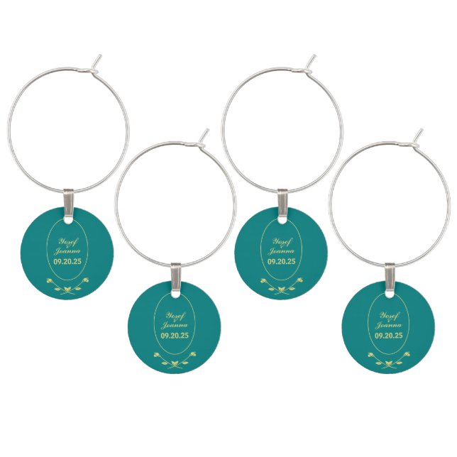 Teal Rose Wedding Wine Charms (Staggered)