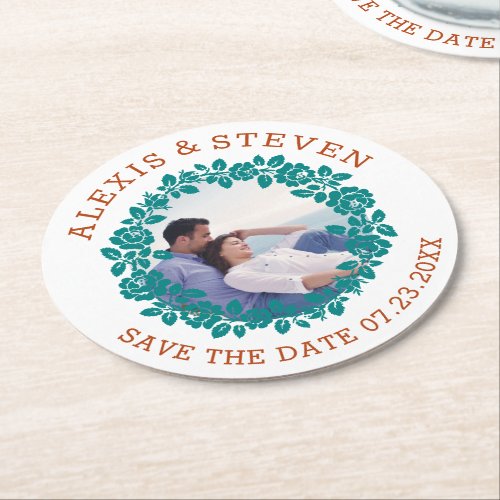 Teal rose wreath floral Save the Date photo Round Paper Coaster