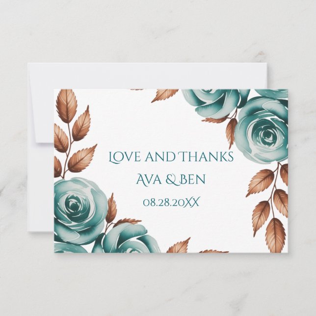 Teal Roses and Bronze Leaves Wedding Thank You Card (Front)